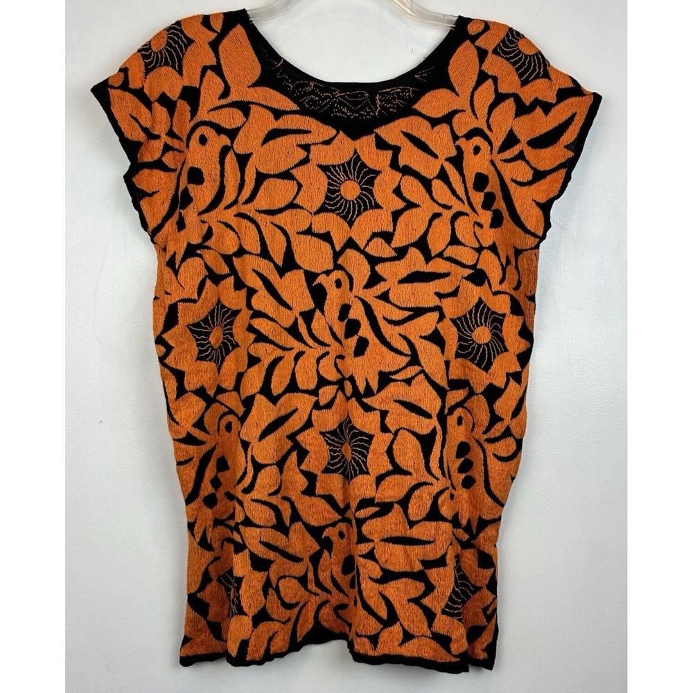 Mexican Embroidered Top Womans Medium Blouse Orange Black Floral Bird Read